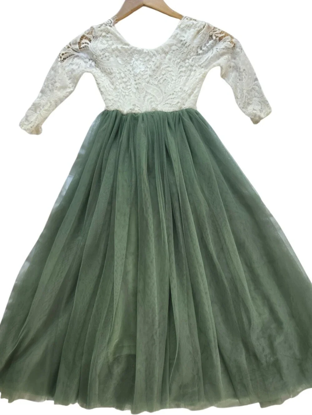 Elegant Ivory Lace & Sage Green Tulle Flower Girl Dress